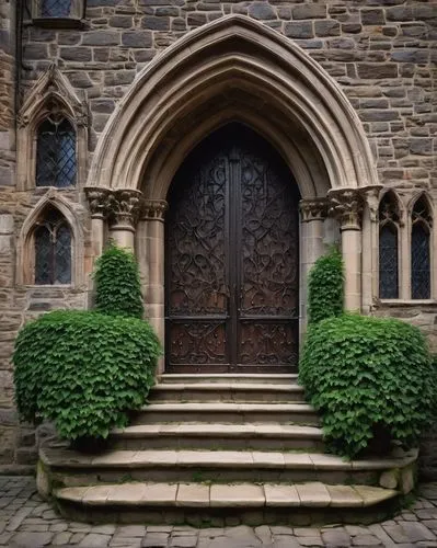 Medieval-inspired castle, Gothic style, stone walls, stained glass windows, grand halls, high ceilings, ornate chandeliers, wooden doors, iron hinges, torches, suits of armor, coat of arms, majestic s