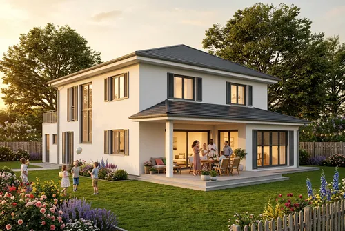 erzeuge eine fotorealistische Darstellung des Gebäudes, aber verändere die Architektur und den Blickwinkel nicht, feiernde Menschen und Kinder im Garten, warmes Licht, große Bäume im Hintergrund, gepf