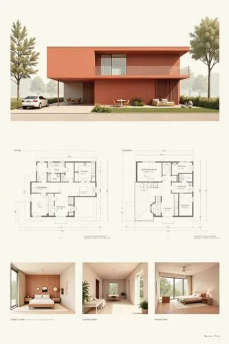 A professional architectural presentation board with a Pure background and a clean, minimalist design layout. The board includes:

Top Section: On the top left, a photorealistic render of a contempora