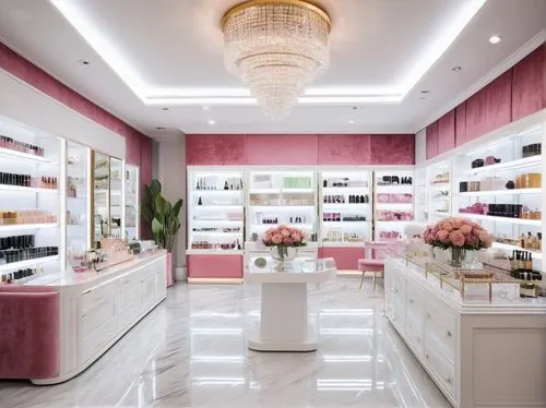Modern beauty shop interior, luxurious atmosphere, marble floor, crystal chandelier, white shelves, glass counters, metallic racks, elegant wooden cabinets, softbox lighting, spotlights on products, f