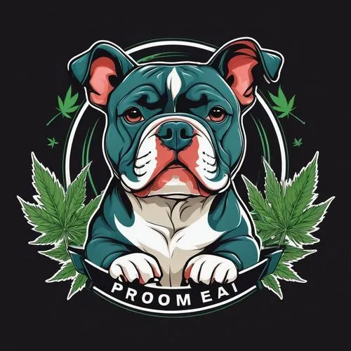 Logo for Promeai on the theme of american bully puppy sitting and smoking joint, Marijuana logo theme. Vector art. Hand drawn,dog poison plant,coccoon,bulldog,boston terrier,continental bulldog,dorset