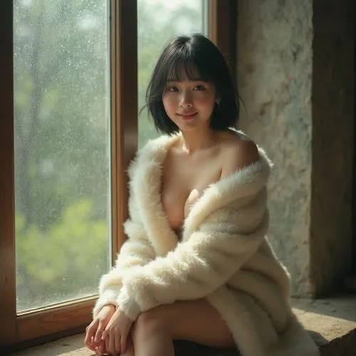 ภาพแบบเต็มตัว หญิงสาวสวยชาวเอเชีย อายุประมาณ 20 ปี เธอมีใบหน้าเรียวสวย ริมฝีปากสวยรูปกระจับ ตากลมโตสองชั้น ผมสีดำเป็นมันทรงบ๊อบสั้นและหน้าอกขนาดใหญ่ เธอคลุมตัวด้วยผ้าคลุมไหล่ขนสัตว์สีขาว เธอนั่งอยู่บน