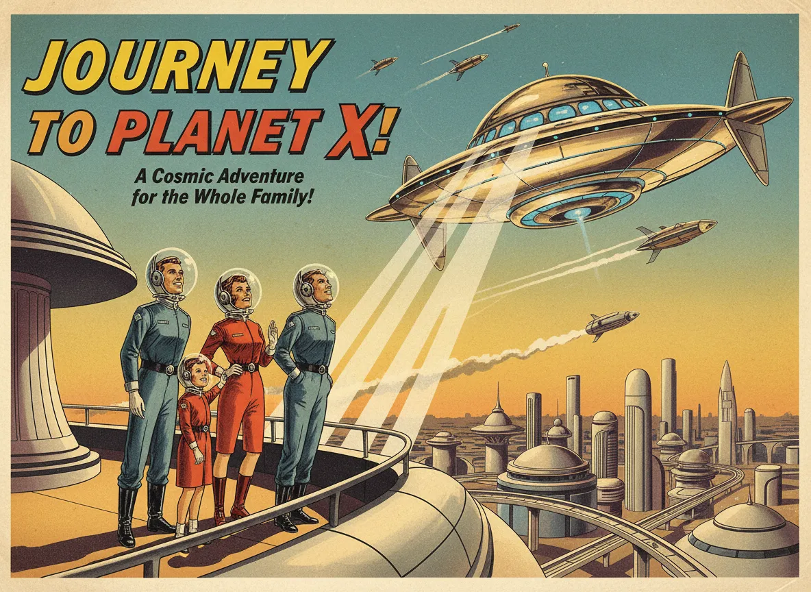 Un poster di fantascienza generato da AI in stile era atomica, che mostra una famiglia in abiti futuristici mentre guarda un disco volante.