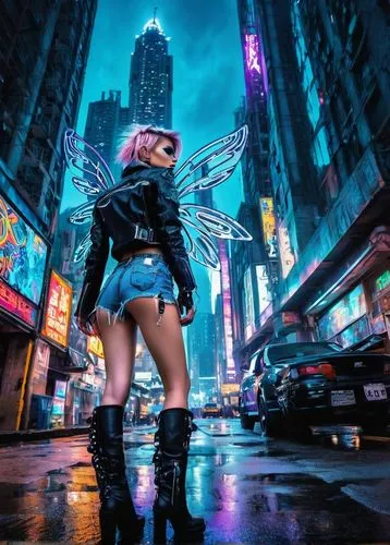 Cyberpunk fairy Tinkerbell, neon lights, glowing blue circuits, intricate mechanical wings, punk-rock hairstyle, leather jacket, ripped jeans, combat boots, edgy makeup, bold eyebrows, pierced nose, c