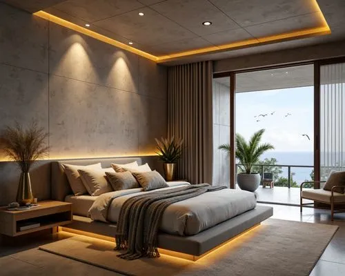 Modern luxury bedroom with a tranquil, cozy ambiance. The room features a textured concrete ceiling with recessed warm golden LED strip lighting along the edges, creating a soft, diffused glow that hi