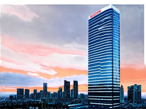 Futuristic cityscape, GTR skyscraper, R34 architecture, urban landscape, evening sunset, neon lights, sleek modern design, reflective glass windows, metallic framework, towering high-rise buildings, b