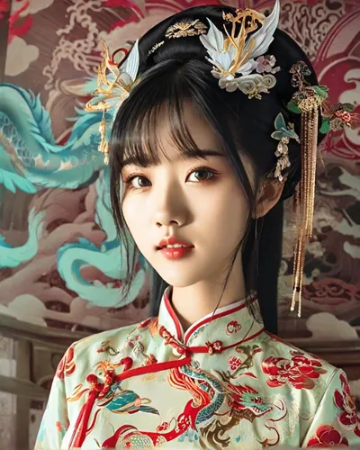 in the middle of the picture is a Chinese-style cheongsam, character design inspired by anime style, Japanese folk art, surrounded by clothing and accessories of the same style, fisheye lens, up view,