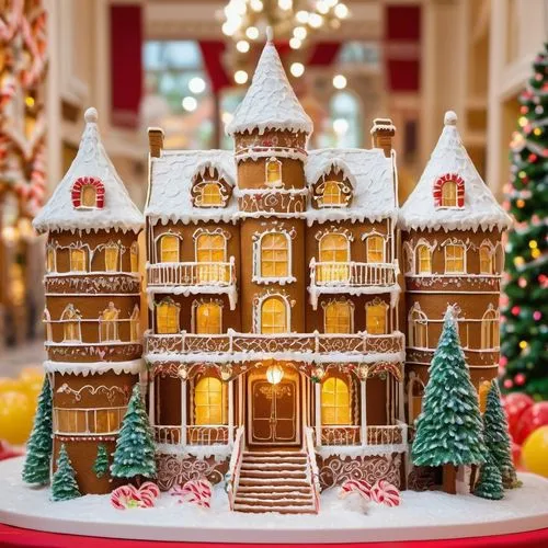 Museum of Architecture, Gingerbread City, majestic building, grand entrance, intricately designed facade, white marble columns, golden gates, sparkling chandeliers, ornate ceilings, festive holiday at