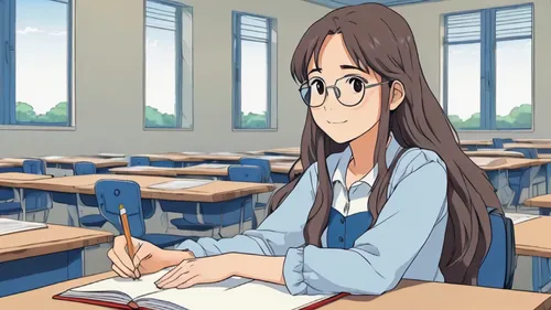 Girl with long hair sitting and relaxing in the classroom, Hayao Miyazaki manga style,tsumugi kotobuki k-on,azusa nakano k-on,girl studying,anime cartoon,classroom,student,anime 3d,tutoring,tutor,read