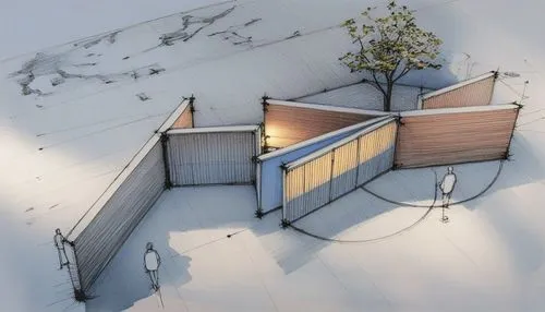 3d drawing of an open air courtyard and parking lot,winter house,snow roof,inverted cottage,snow shelter,snow house,cubic house,alpine hut,mountain hut,ski facility,small cabin,house drawing,ski stati