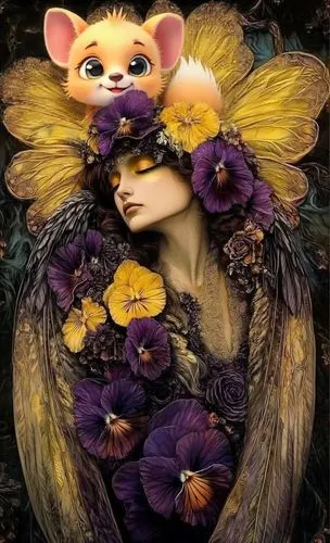 a woman with flowers around her neck wearing a yellow cat costume,faerie,faery,flower animal,faeries,dormouse,flower fairy