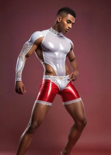 a man in a red and white costume is wearing silver shoes,sportwear,polykleitos,activewear,musclebound,malefactor