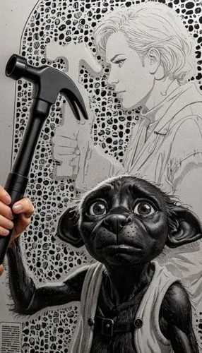 COMIC STYLE, COMIC ART, Tuschelinien, Schatten, dynamische Linienführung, 2000's Comic‑Look, slim black ink outline,a person holding an art piece with a giant hammer,meticulous painting,sculpting,airb