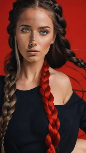 An intricate digital illustration of a woman with elegant hair and distinctive blue eyes, dressed in a bold black one-piece outfit. The background, a deep white canvas, holds the woman's gaze, while l