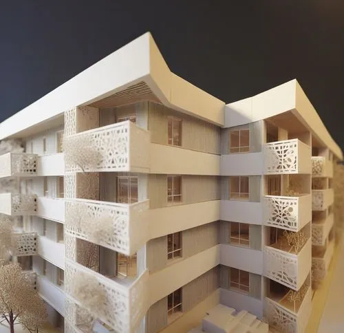 a model of a building with balconies and some rooms,3d rendering,habitaciones,residencial,wooden facade,pedrera,passivhaus,apartment block,multistorey,new housing development,associati,apartment build