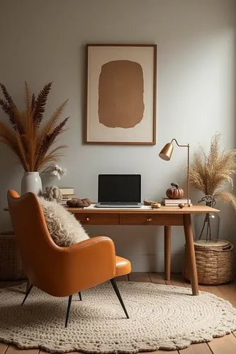 Fall office decor, fall vibe, autumn, ultra realistic, close shot, harvest season decor, minimalist ,a home office with an orange chair and table,mid century modern,vitra,minotti,ekornes,danish furnit
