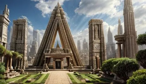 the artwork of the surrealist artist and artist, person, depicting multiple architectural structures, including a pyramid shaped building,expiatory,ancient city,spires,cenotaphs,white temple,fantasy c