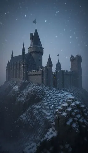 Minecraft castle with battlements and towers, a keep, Game of Thrones; Winterfell,a large castle with snow on it sitting on top of a hill,medieval castle,knight's castle,summit castle,castle keep,cast