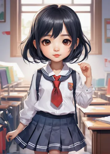 Imagine an adorable chibi anime character in a cute school uniform.,school clothes,school uniform,schoolgirl,school skirt,anime girl,kantai collection sailor,school items,chibi,azusa nakano k-on,anime