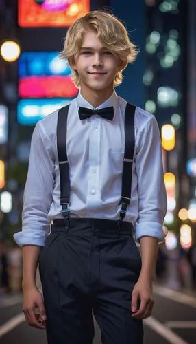 Shota, handsome boy, 17yo, blue eyes, blonde hair, slight blush, elegant nose, bright smile, white shirt, black pants, suspenders, shiny black shoes, confident pose, city street, Tokyo, skyscraper, ni
