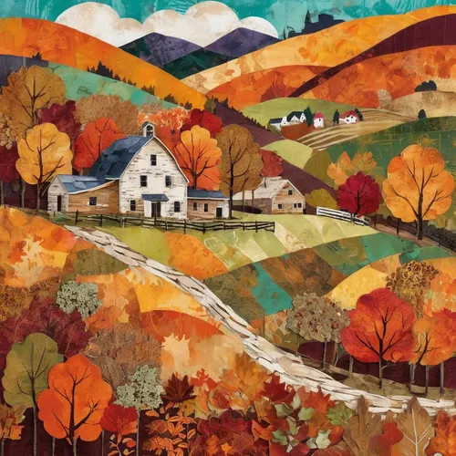 A scene of a picturesque autumn landscape with vibrant foliage, rolling hills, and a rustic farmhouse. Use warm, earthy tones to capture the beauty of fall. Rich details. Include elements like cornuco