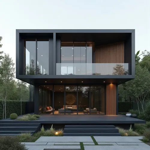 A hyper-realistic, high-resolution architectural photograph of a sleek, two-story modern residence with a minimalist, all-black exterior. The building’s façade is composed of smooth, matte metal panel