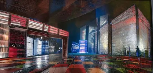 a painting of a futuristic interior in an abstract manner,store fronts,storefronts,corridors,expositions,glass tiles,stereoscopic,cinema strip,arcades,a museum exhibit,multiplexes,hallway,exhibitions,