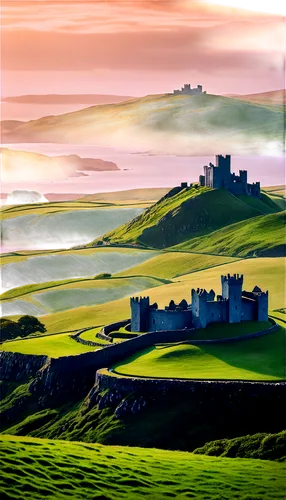 Emerald Isle, Ireland landscape, rolling hills, lush green grass, stone walls, ancient castles, misty morning fog, soft warm sunlight, cinematic composition, shallow depth of field, vibrant color tone