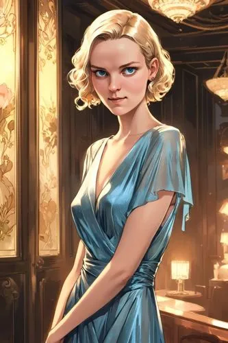  8k illustration: Create a nostalgic image of a woman in an elegant evening dress. Glasslike seethrought skin, Back lighting, beauty. slender, gorgeous, blonde short hair, blue eyes. golden dress. dar