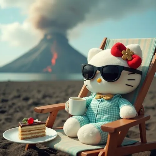 This image captures a surreal and whimsical scene featuring a plush Hello Kitty figure in a relaxed setting juxtaposed with a dramatic natural phenomenon. The central subject is the plush Hello Kitty,