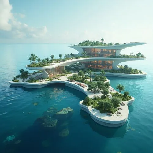 Design a futuristic floating architecture concept that harmonizes seamlessly with aquatic environments. The structure should integrate sustainable solutions for rising sea levels and water scarcity, u
