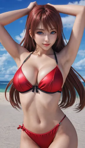 DXD CHARACTER, VERY TIGHT, NFSW, very big, bikini, beach, bluesky,beach background,anime 3d,beach toy,3d model,3d figure,kotobukiya,asuka langley soryu,beach scenery,烧乳鸽,mikuru asahina,3d rendered,tan