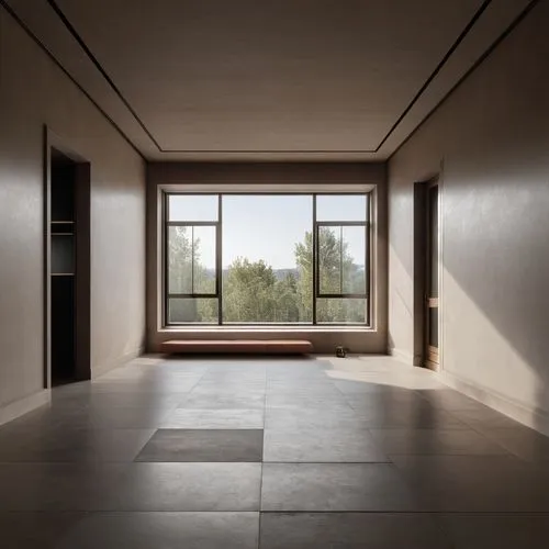 empty room with stone flooring, and large window overlooking trees,amanresorts,minotti,hallway space,empty interior,home interior,concrete ceiling