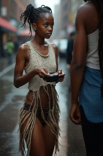 a young woman with an open back holding a camera on a wet city street,black woman,black women,aborigine,danseuse,woman walking,street dancer