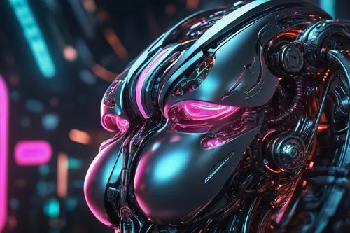 Breast, architectural distortion, abstract art, futuristic, sci-fi, cyberpunk, metallic material, reflective surface, neon lights, glowing lines, intricate structure, geometric patterns, curvaceous sh
