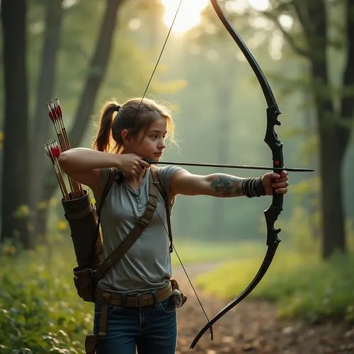 A teenage girl practicing archery in a scenic forest clearing. She’s holding a bow and arrow, her stance steady and focused. She’s wearing casual athletic wear, with a quiver of arrows strapped to her