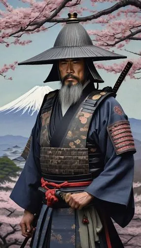 Raiden Shogun, Japanese feudal lord, powerful build, muscular arms, worn armor, samurai helmet, sharp katana, traditional Japanese clothing, haori jacket, hakama pants, geta sandals, serious facial ex
