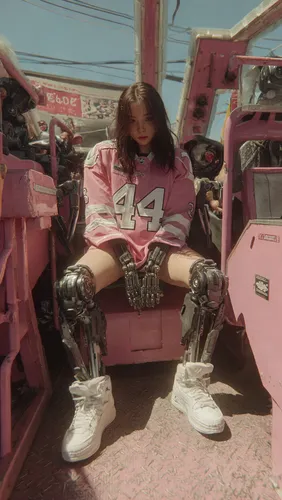 the cyborg android stares at the camera as if they are in a music video with the camera filming in a dynamic motion,man in pink,pink chair,pink shoes,dealer,thrift,cross legged,pink car,la,kart,scrap 