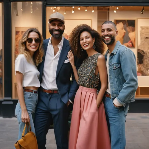 realistic street - style image in the style of Vogue, mixed group, age 35 - 50, smiling men and women in creative art gallery, kodak portra 400, natural light,fuller's london pride,french tourists,men