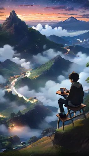 A dark, moody anime scene with a coffee shop on top of a misty mountain, under a starry sky reminiscent of Makoto Shinkai's style. A lone figure sits on the chair having a cup of coffee while looking 