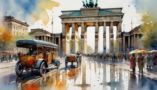 Entrance to road along Berlin Brandenburg gate, ancient medieval horsecoaches, cast iron gate, insanely detailed watercolor painting with rough paint strokes and textures, by Pino Daeni, Jeremy Mann, 