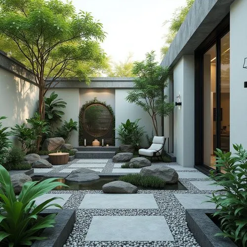 Courtyard in the style of Chinese style, with green plants and trees, rock gardens, water features, white walls with black tiles, small stone path flooring, courtyard landscape design renderings, arch