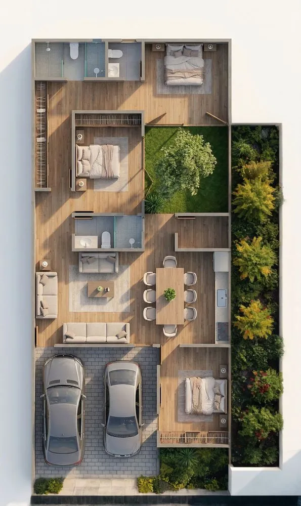 ARX RATIO ARQUITECTOS. An image of a three bedroom house plan