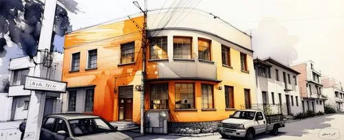 an image of a car that is driving in front of a building,row houses,facade painting,watercolor shops,townhouse,old town house,old houses,house painting,watercolor painting,old home,watercolor,watercol