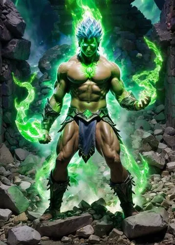 Criar guerreiro muito forte, sem camisa, com muita raiva, olhos com brilho intenso na cor verde, braços carregados de energia em verde, chão com entulhos e pedras,a green man with big muscles standing