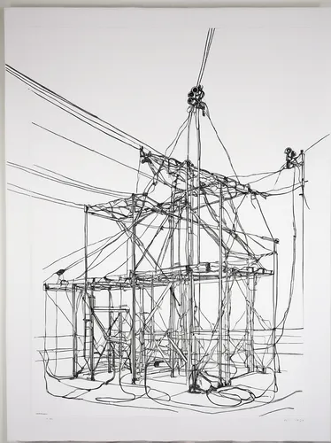Write a comedic skit where two characters accidentally get tangled in high voltage wires at a circus.,frame drawing,electricity pylon,electrical lines,wireframe,electricity pylons,transmission tower,p