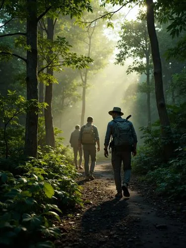 A group of explorers in adventurer attire trekking through the dense and dark Amazon rainforest. Sunlight filtering through the leaves, mysterious and disturbing atmosphere. Photorealistic, with a pla