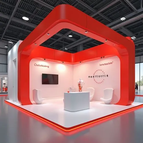 create a 3D render of an exhibition stand-sized 8 meter X 4 meter in red and white color theme






,a red and white exhibit booth with two chairs,photokina,property exhibition,interdental,sales boot