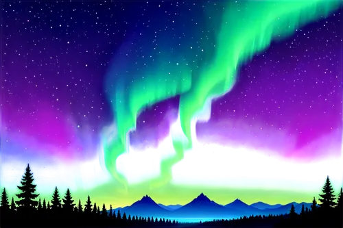 Aurora borealis, night sky, vibrant green-blue-purple swirls, wispy clouds, starry background, dark silhouette of trees or mountains, misty atmosphere, soft focus, panoramic view, 360-degree compositi