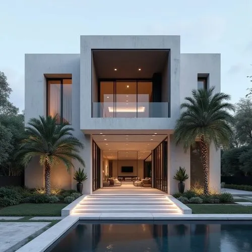 A hyper-realistic, high-resolution architectural photograph capturing a grand, ultra-modern luxury mansion at twilight. The building’s façade is composed of smooth white stone panels contrasted with s
